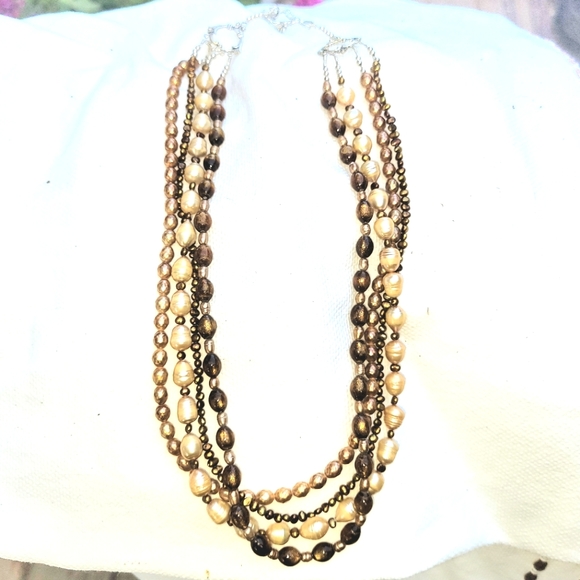 4 Strand Pearl Golden Coral Necklace 24" - 26" Christmas Gift - Picture 4 of 7
